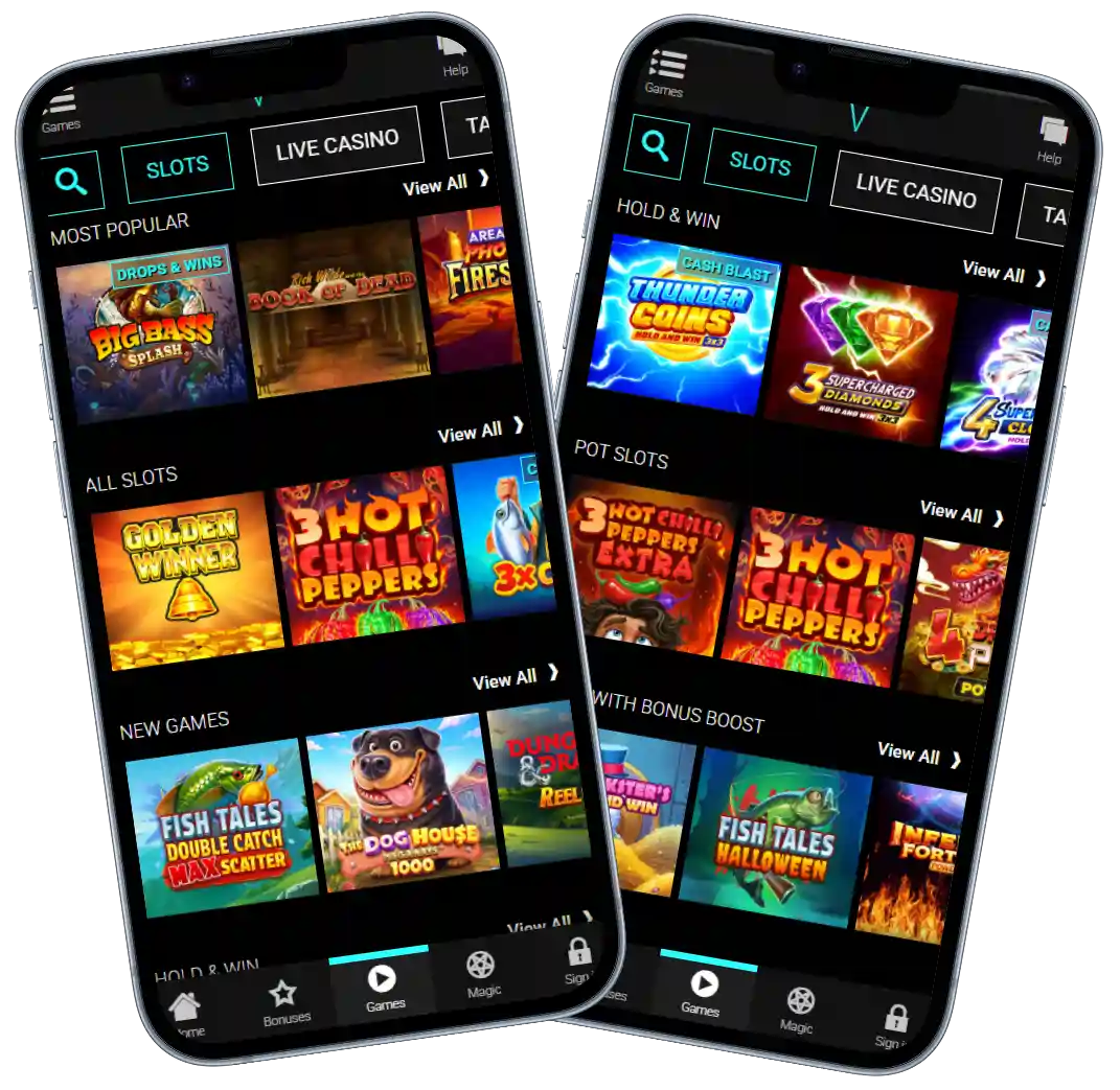 Voodoo Dreams Casino mobile interface with slots and live casino sections
