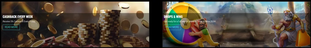 Voodoo Dreams Casino promotions page with cashback and Drops & Wins offers