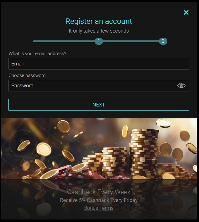 Voodoo Dreams Casino registration form with weekly cashback promotion