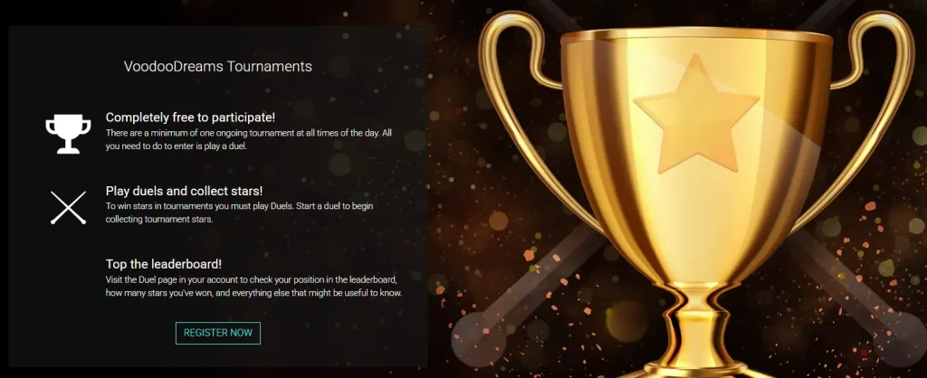 Voodoo Dreams Casino tournaments page with trophy and leaderboard promotion